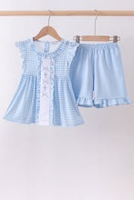 Blue cross bow embroidery ruffle gingham shorts set - ARIA KIDS