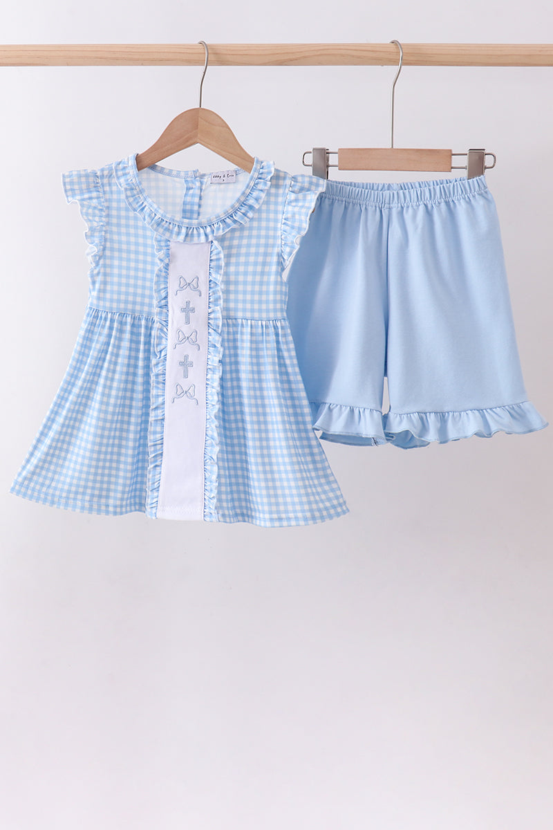 Blue cross bow embroidery ruffle gingham shorts set - ARIA KIDS