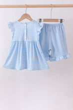 Blue cross bow embroidery ruffle gingham shorts set - ARIA KIDS