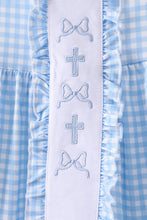 Blue cross bow embroidery ruffle gingham shorts set - ARIA KIDS
