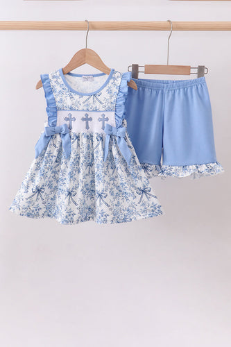 Blue floral cross smocked ruffle shorts set - ARIA KIDS