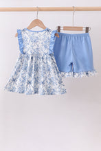 Blue floral cross smocked ruffle shorts set - ARIA KIDS
