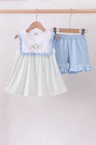 Floral bunny embroidery ruffle shorts set - ARIA KIDS