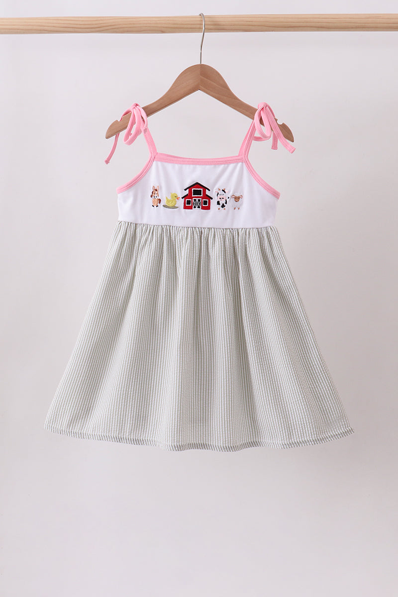 Pink seersucker farm animals embroidery ruffle dress - ARIA KIDS
