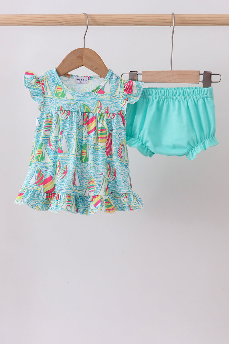 Blue sailboat print ruffle bloomer set - ARIA KIDS