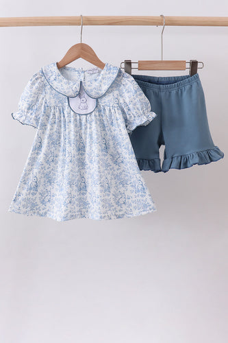Navy bunny embroidery floral peter pan collar shorts set - ARIA KIDS