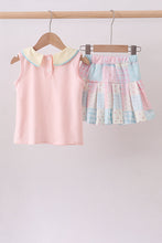 Pink Floral Print Checkered Skorts Set