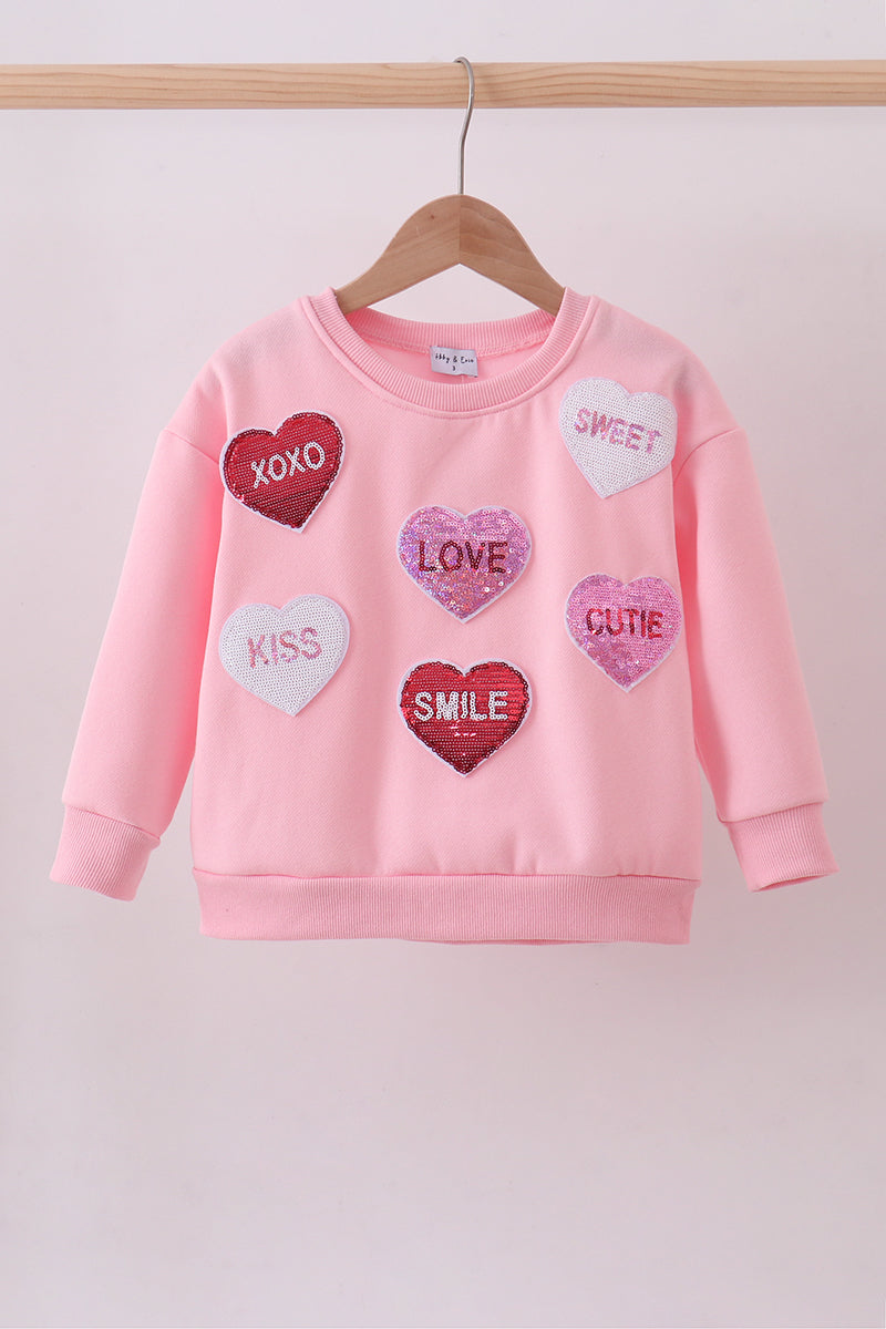 Pink heart love smile sequin fleece mom&me sweatshrit - ARIA KIDS