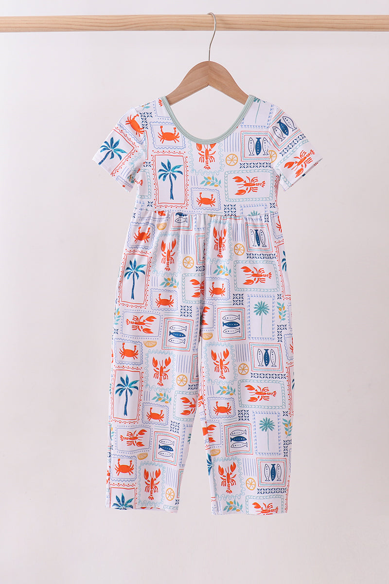 Coconut trees lobsters print bamboo jumpsuit - ARIA KIDS