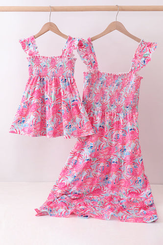 Pink floral smocked ruffle mom&me tiered dress - ARIA KIDS