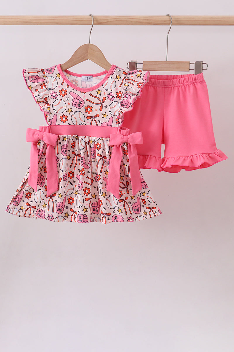 Pink baseball print ruffle shorts set - ARIA KIDS