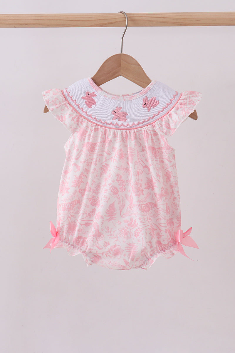 Pink bunny smocked ruffle bow bubble - ARIA KIDS