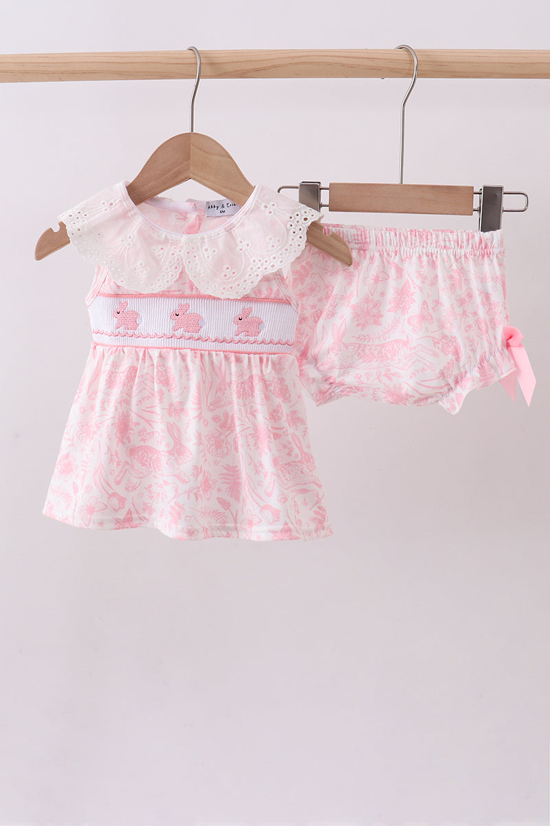 Pink bunny smocked lace collar bow bloomer set - ARIA KIDS