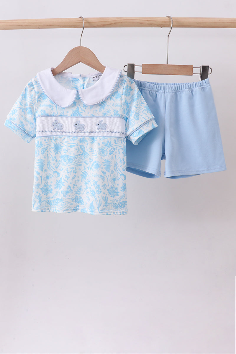 Blue bunny smocked peter pan collar shorts set - ARIA KIDS