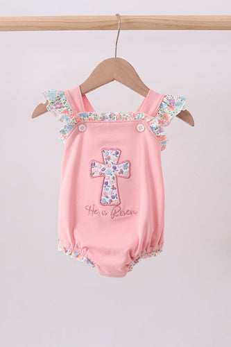 Pink floral cross embroidery ruffle bubble - ARIA KIDS