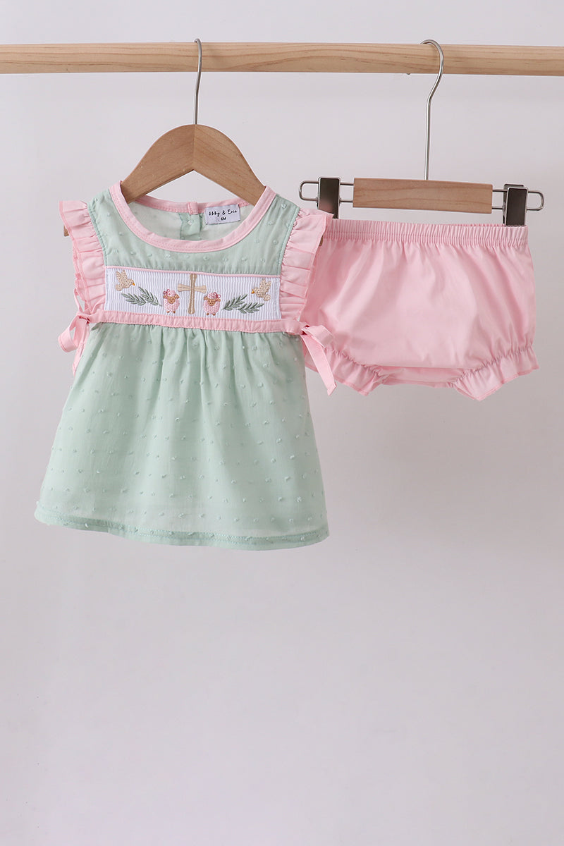 Green swiss dot cross sheep ruffle bloomer set - ARIA KIDS