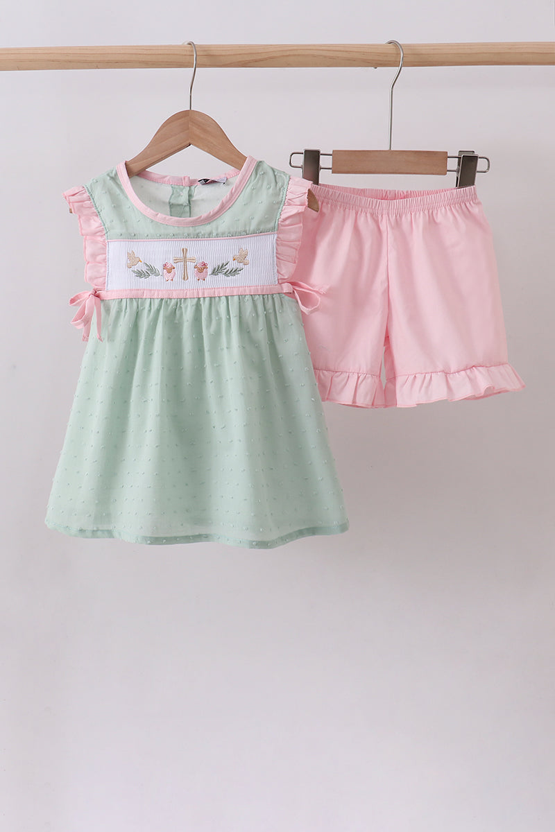Green swiss dot cross sheep ruffle shorts set - ARIA KIDS