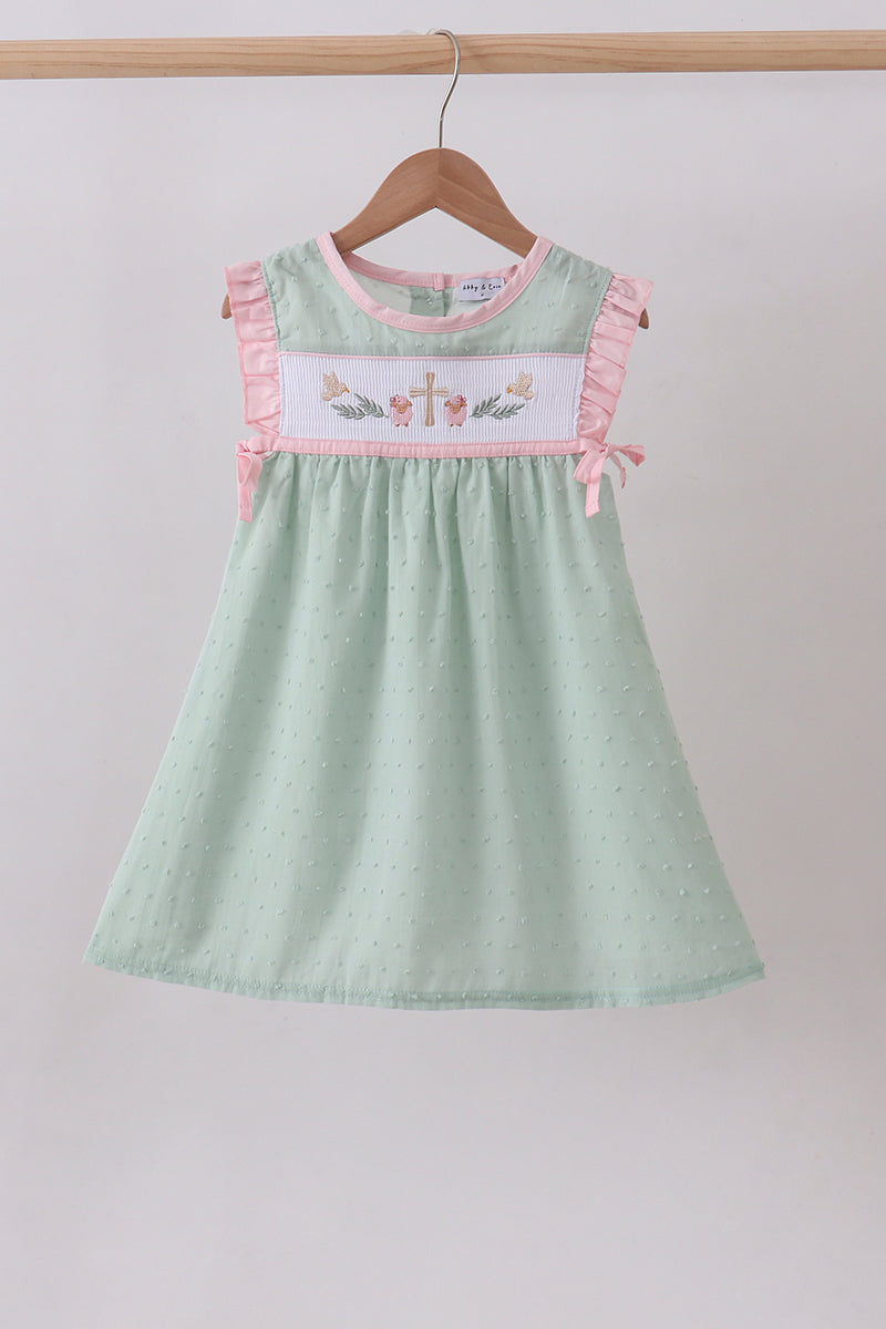 Green swiss dot cross sheep ruffle dress - ARIA KIDS