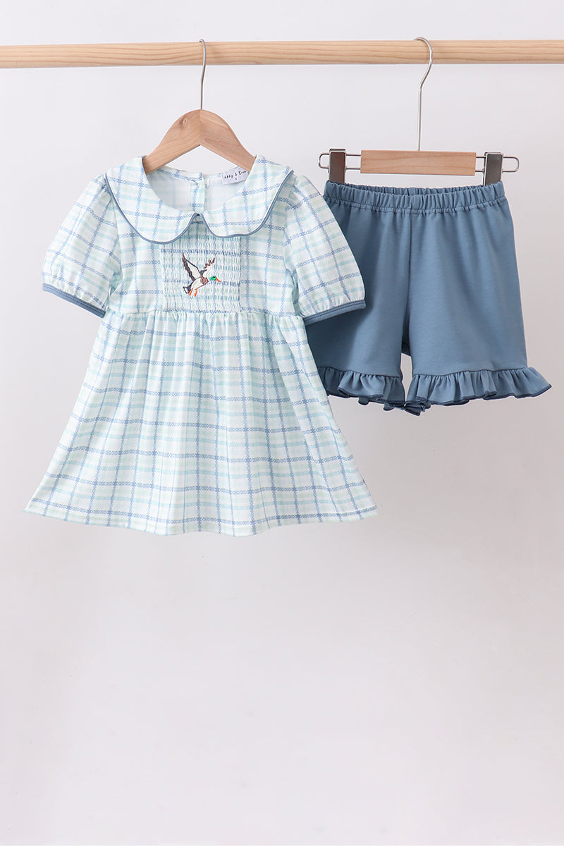 Blue plaid duck smocked ruffle shorts set - ARIA KIDS