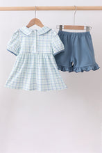 Blue plaid duck smocked ruffle shorts set - ARIA KIDS