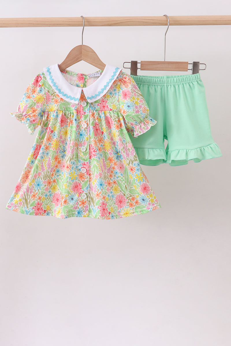 Pink floral print puff sleeve ruffle shorts set - ARIA KIDS