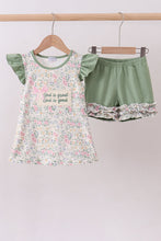Green floral print bow ruffle shorts set
