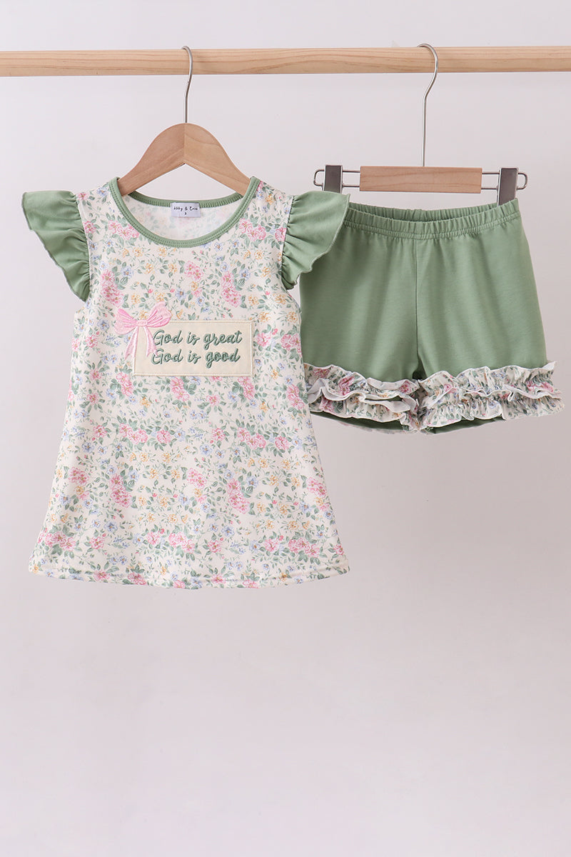Green floral print bow ruffle shorts set