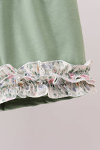 Green floral print bow ruffle shorts set