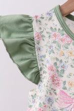 Green floral print bow ruffle shorts set