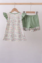 Green floral print bow ruffle shorts set