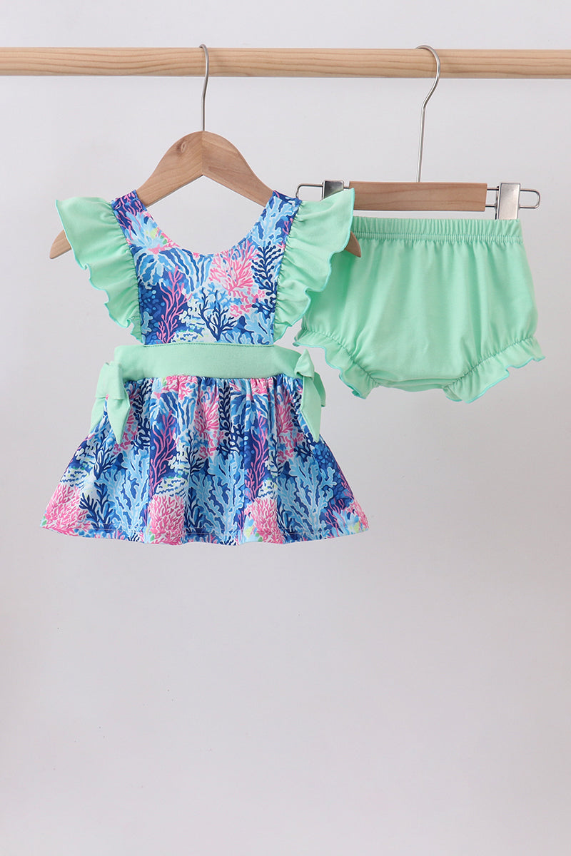 Blue marine creature print ruffle bloomer set - ARIA KIDS