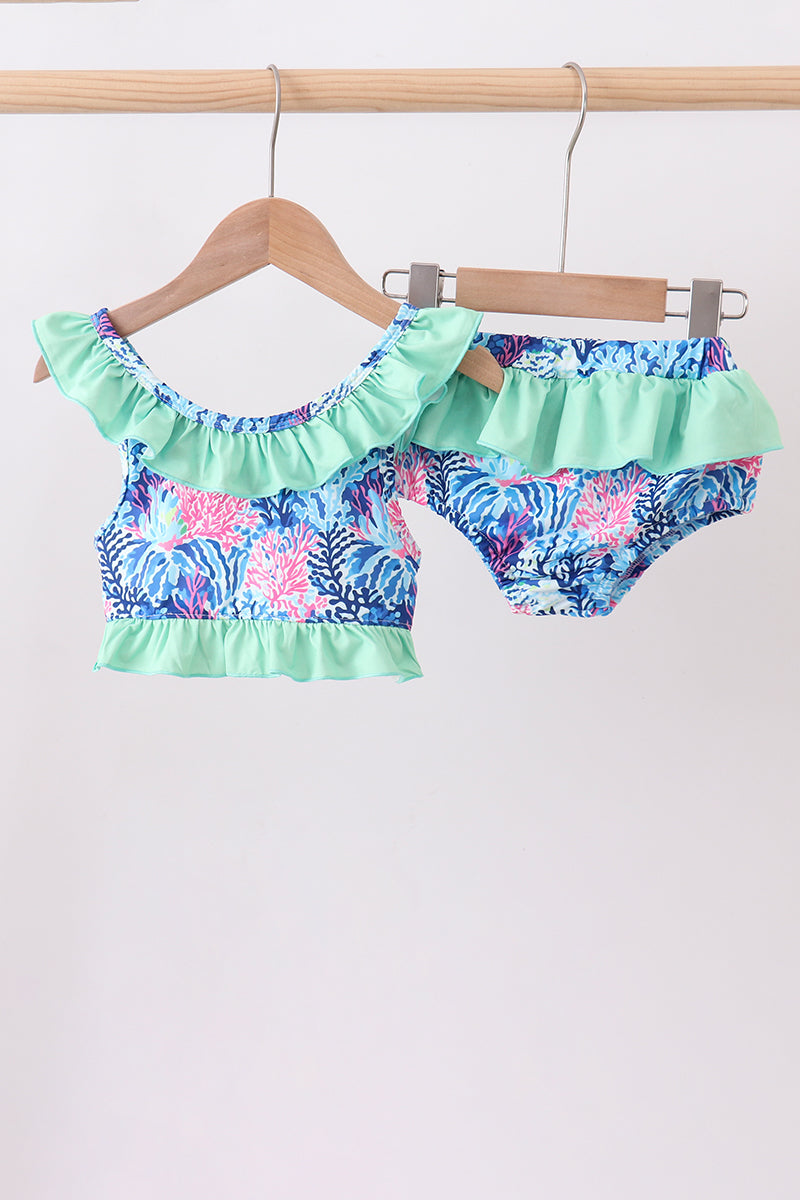 Blue marine creature print ruffle 2pc swimsuit - ARIA KIDS