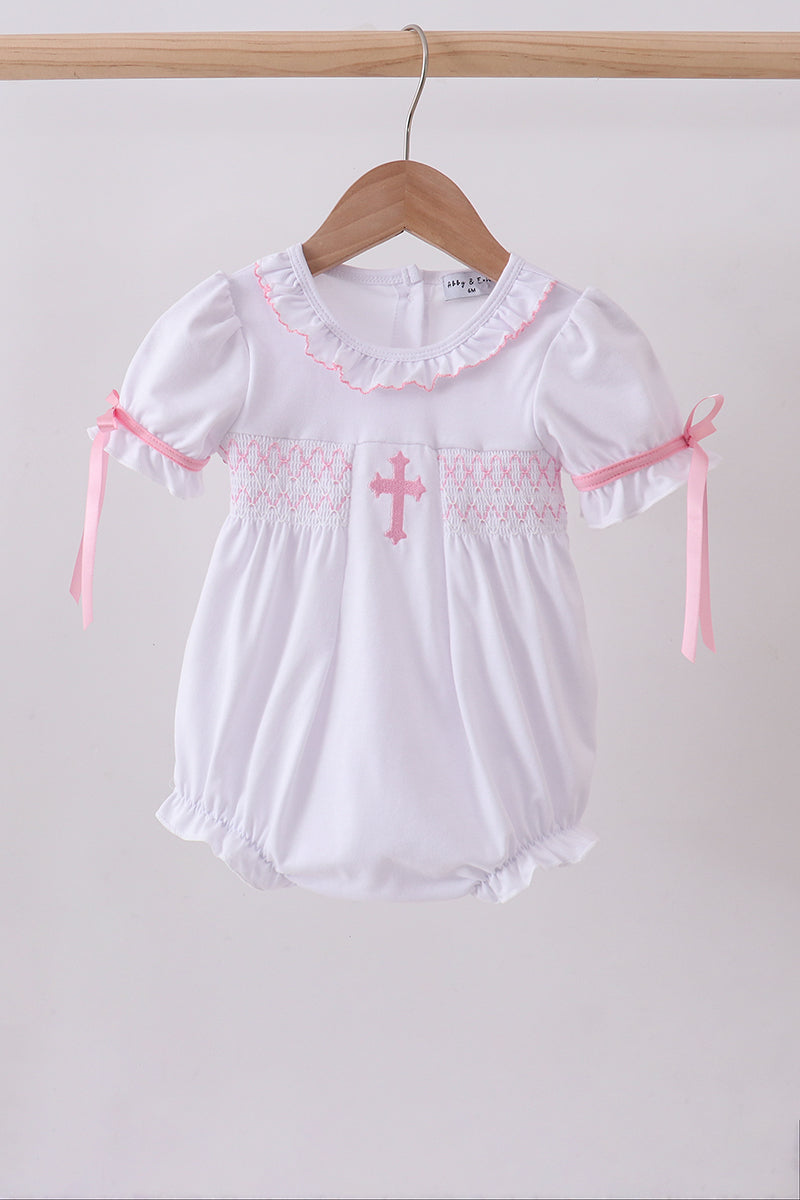 White cross smocked ruffle bubble - ARIA KIDS