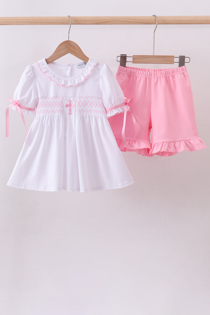 White cross smocked ruffle shorts set - ARIA KIDS
