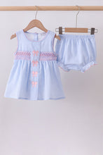 Blue seersucker bow smocked bloomer set - ARIA KIDS