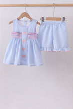 Blue seersucker bow smocked ruffle shorts set - ARIA KIDS