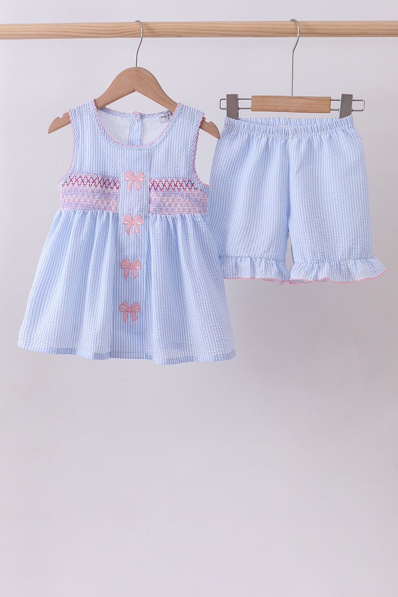 Blue seersucker bow smocked ruffle shorts set - ARIA KIDS
