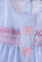 Blue seersucker bow smocked ruffle shorts set - ARIA KIDS