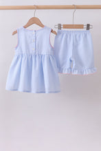 Blue seersucker bow smocked ruffle shorts set - ARIA KIDS