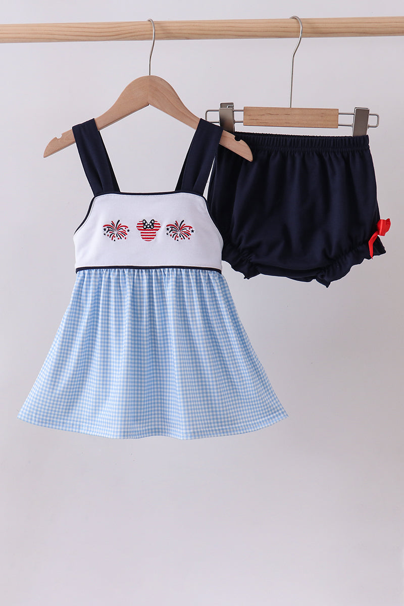 Blue character embroidery gingham bloomer set - ARIA KIDS