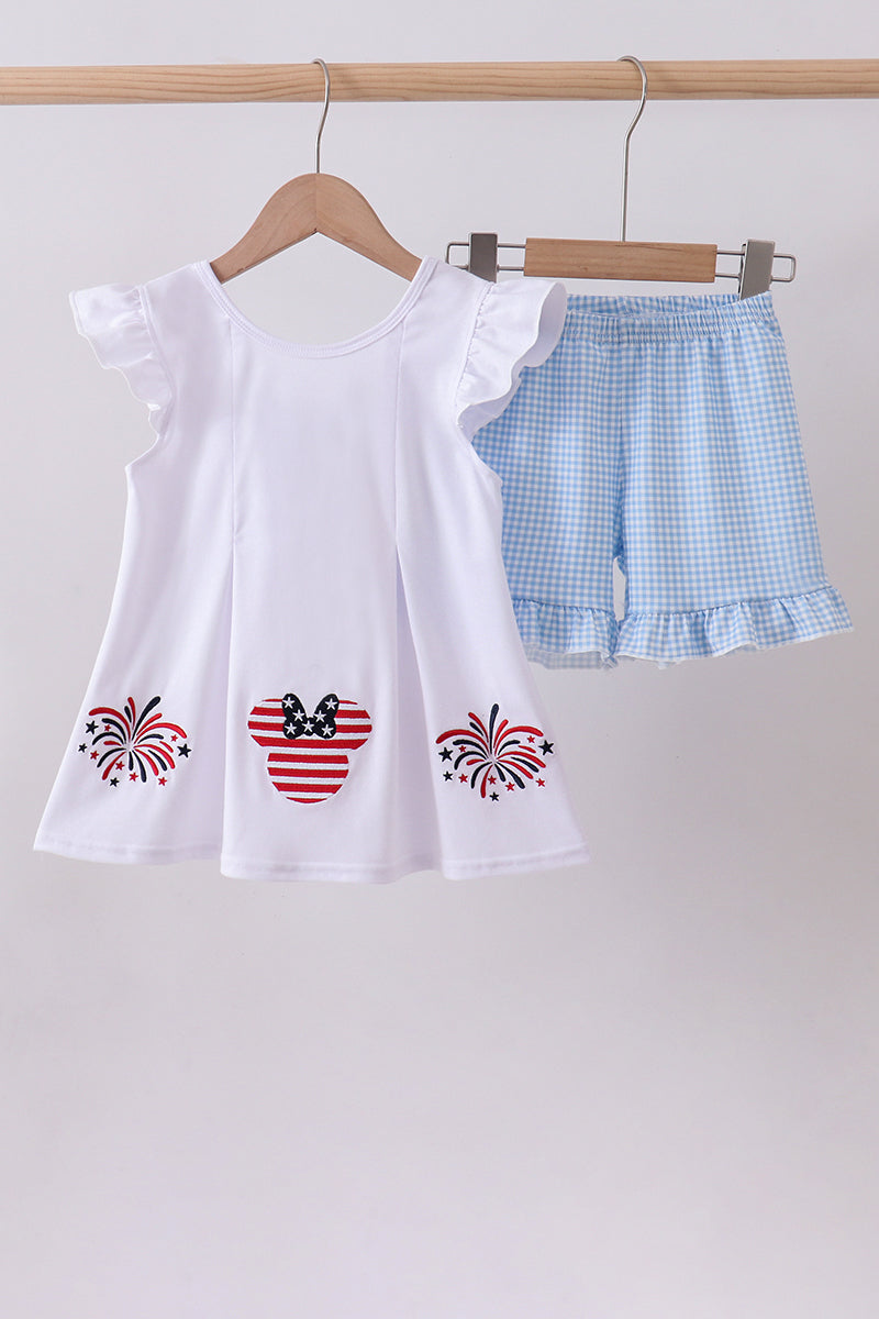 Blue character fireworks embroidery gingham ruffle shorts set - ARIA KIDS