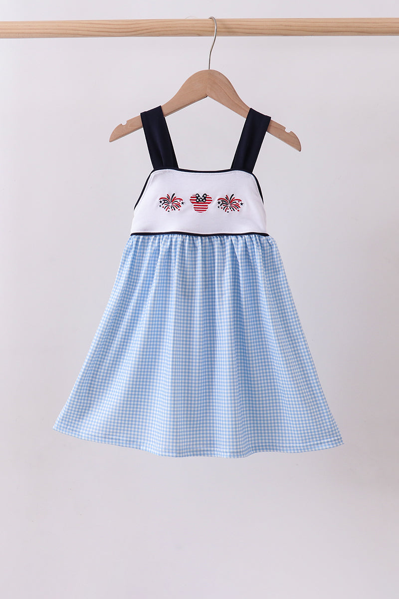 Blue character fireworks embroidery gingham dress - ARIA KIDS