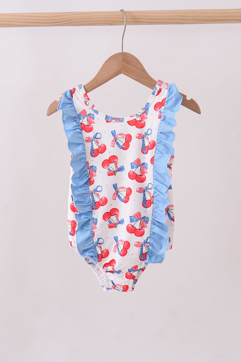 Blue cherry print ruffle swimsuit - ARIA KIDS