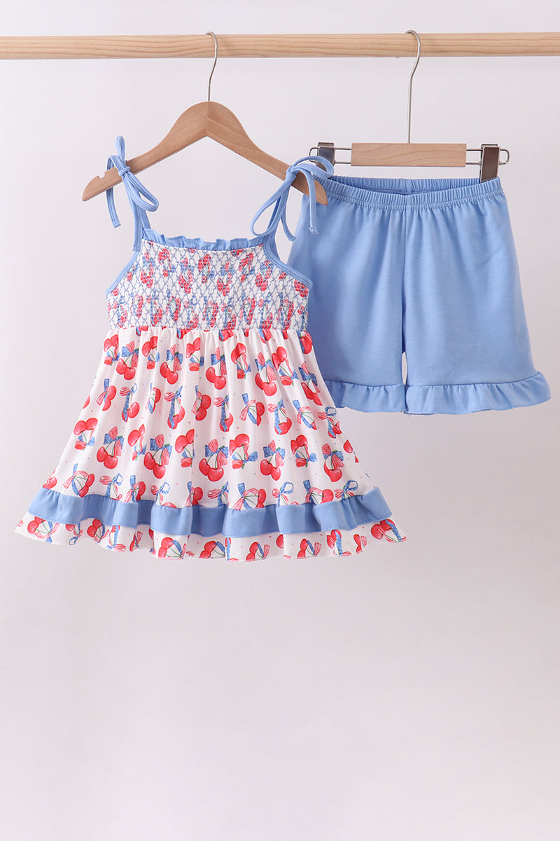 Blue cherry smocked ruffle shorts set - ARIA KIDS