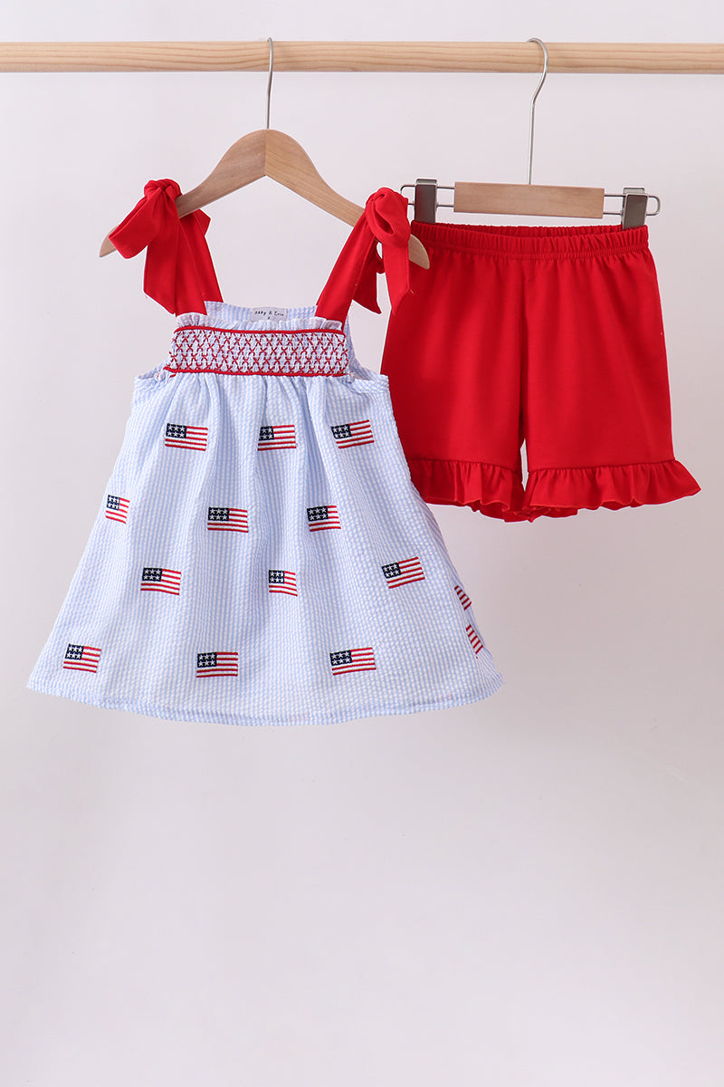 Blue flag embroidery seersucker ruffle shorts set - ARIA KIDS