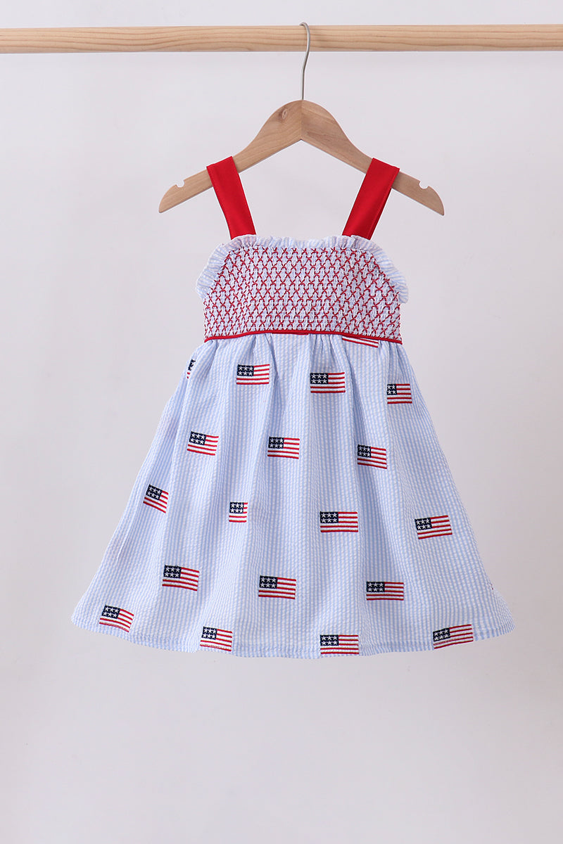 Blue flag embroidery seersucker ruffle dress - ARIA KIDS