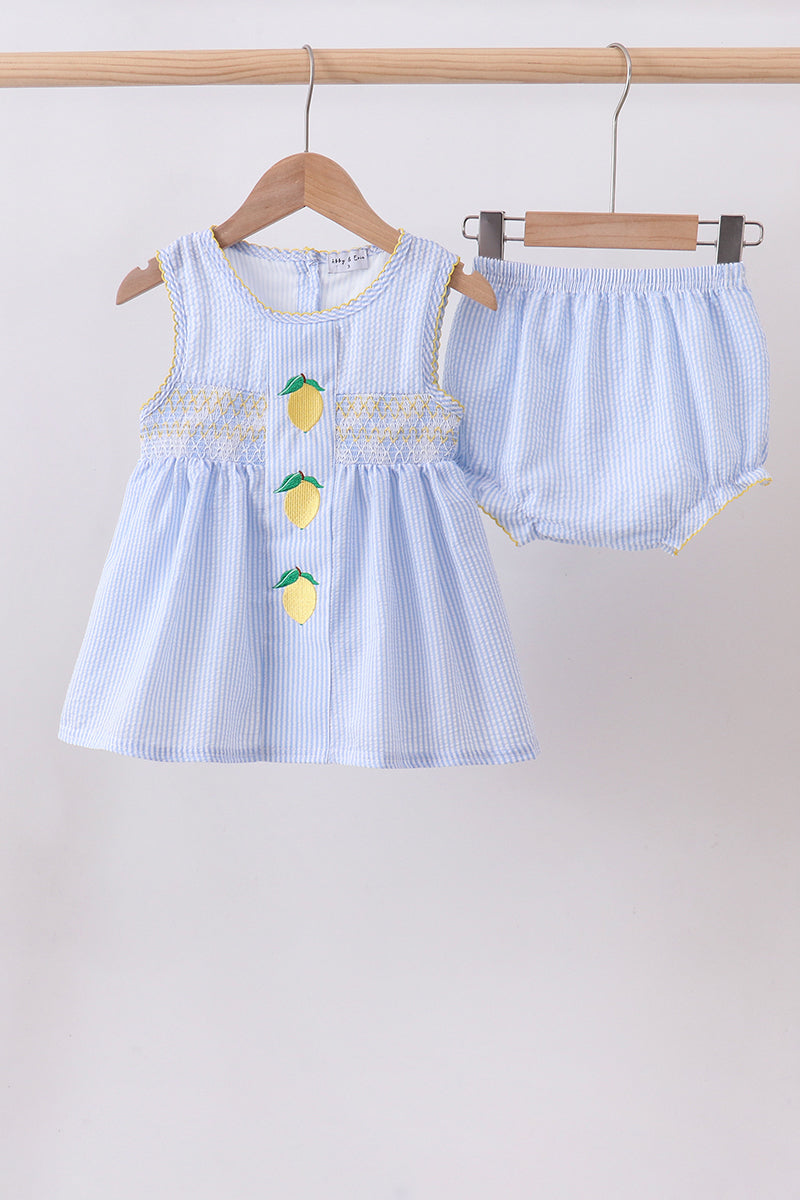 Blue lemon embroidery seersucker bloomer set - ARIA KIDS