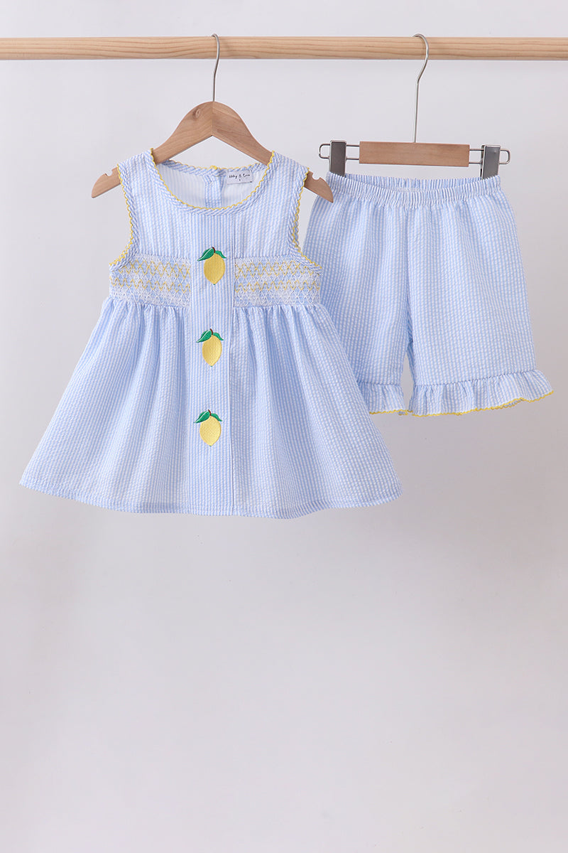 Blue lemon embroidery seersucker ruffle shorts set - ARIA KIDS