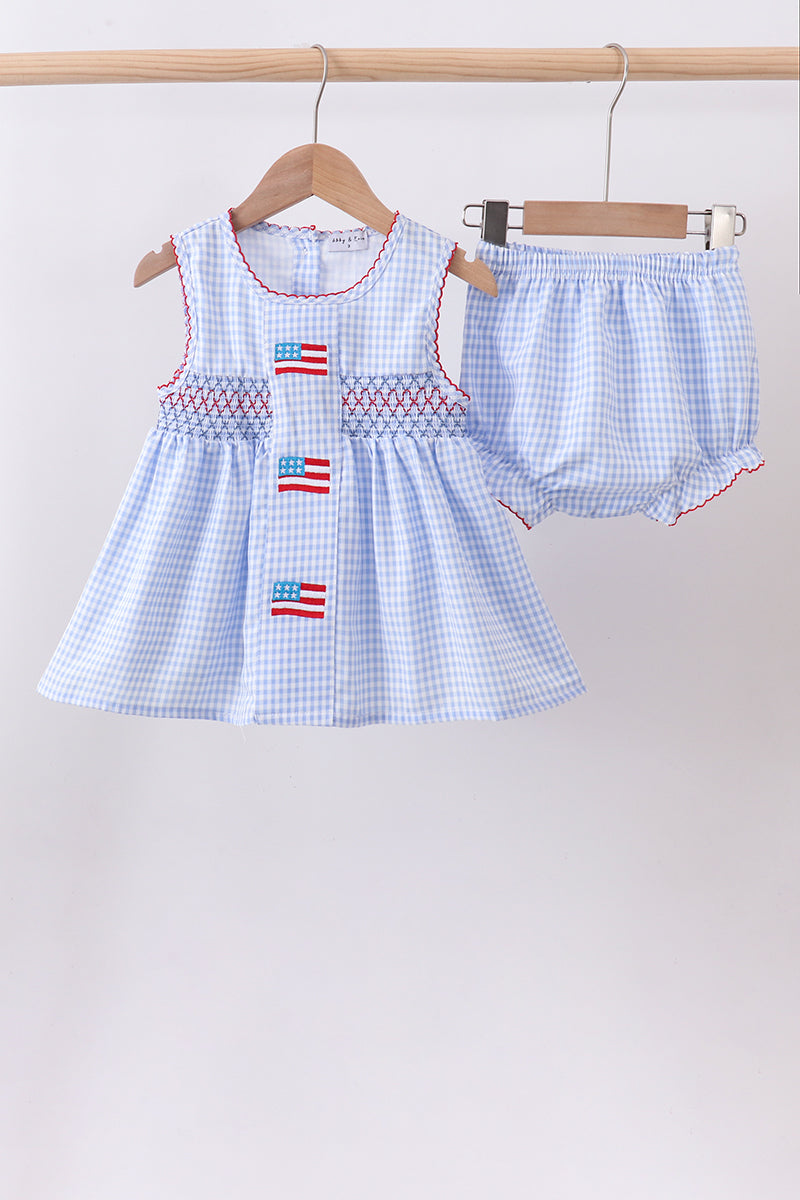 Blue flag smocked woven gingham bloomer set - ARIA KIDS
