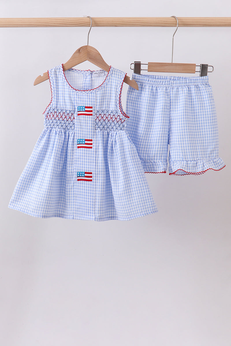 Blue flag smocked woven gingham ruffle shorts set - ARIA KIDS
